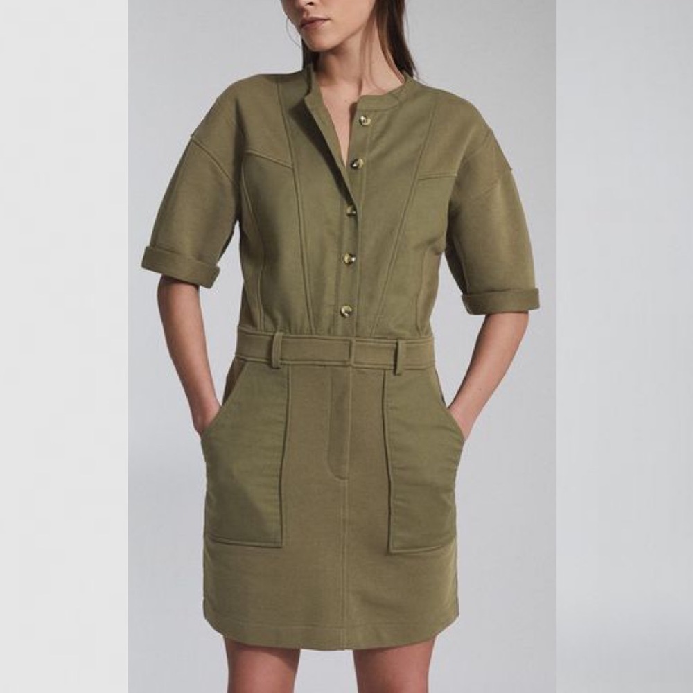 NWT Reiss army green, khaki short sleeve fitted paneled mini dress